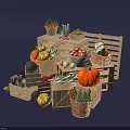Yellow and Green Striped Pumpkins Placed Beside Wooden Crate on Dark Surface