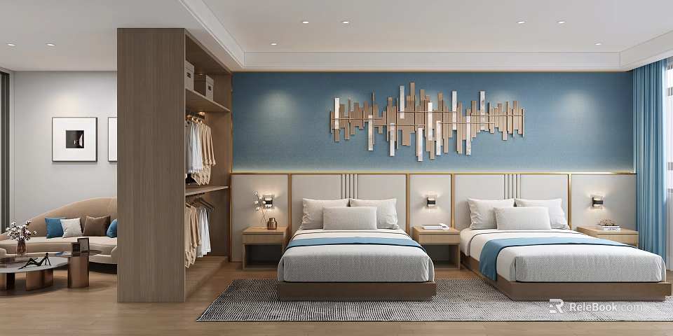 Modern Hotel Guest Room With Twin Beds Blue Walls Wardrobe And Wooden Decorative Panel 3d model 