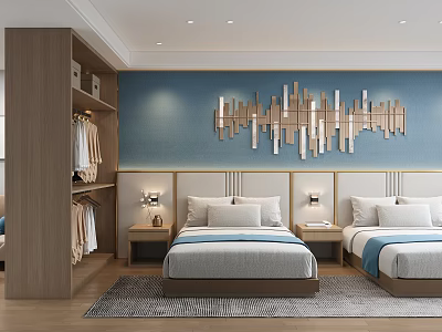 Modern Hotel Guest Room With Twin Beds Blue Walls Wardrobe And Wooden Decorative Panel 3d model