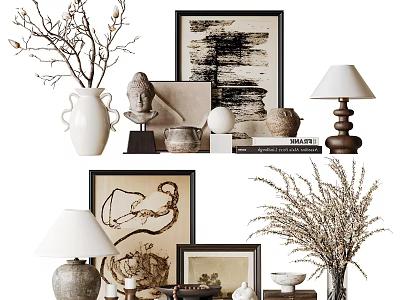 Elegant Decorative Ornament Set With Branches Vase Buddha Statue Frames And Table Lamp 3d model