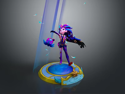 Purple Haired Magical Character With Small Creature On Circular Platform And Blue Light 3d model