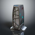 Futuristic Urban Structure With Metallic Frame Glass Panels And Red Graffiti