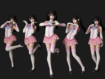 Young Female Characters In Pink White Costumes With Cute Creatures Posing Differently 3d model