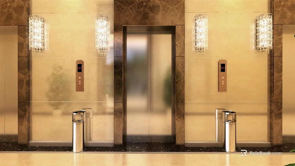Elegant Elevator Hallway With Glass Doors Wall Sconces Control Panels And Marble Flooring 3d model
