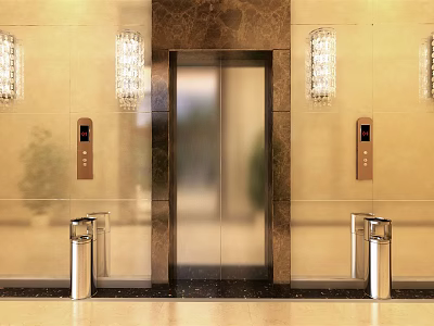 Elegant Elevator Hallway With Glass Doors Wall Sconces Control Panels And Marble Flooring 3d model