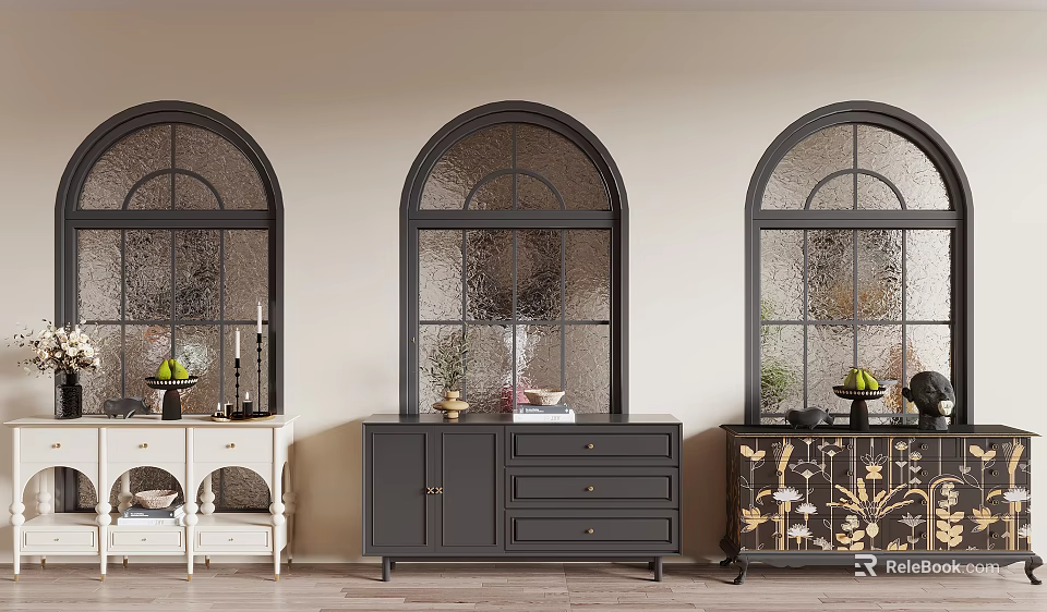 Stylish Entryway Cabinet And Sideboard With Decorative Vases Fruits Against Arched Windows 3d model 