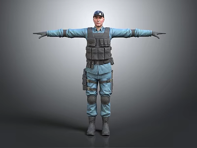 Full Body Security Officer in Blue Uniform Tactical Vest Cap Standing With Outstretched Arms 3d model