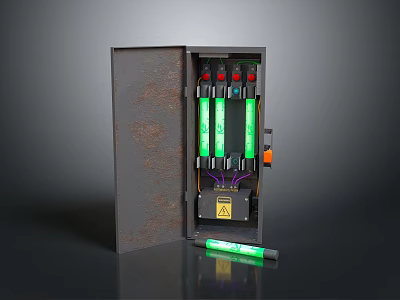 Open Industrial Metal Cabinet Featuring Green Tubes Warning Sign And Handheld Tool 3d model