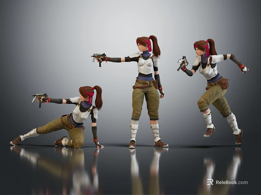 Three Female Characters With Pigtails Holding Guns In Different Action Poses White Top Brown Pants Boots 3d model 