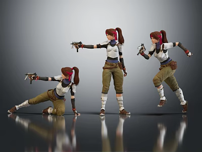 Three Female Characters With Pigtails Holding Guns In Different Action Poses White Top Brown Pants Boots 3d model