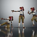 Three Female Characters With Pigtails Holding Guns In Different Action Poses White Top Brown Pants Boots