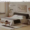 Modern Bedroom Interior With Striped Headboard White Bedding Hanging Chandelier And Decorative Painting