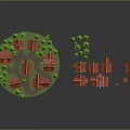 3D Model of Small Houses with Red Roofs and Green Trees Circular and Scattered Layout