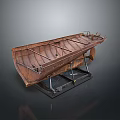 Old Rusted Boat Displayed On Black Metal Stand Against Gray Background