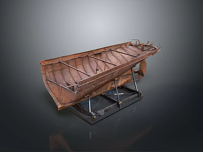 Old Rusted Boat Displayed On Black Metal Stand Against Gray Background 3d model