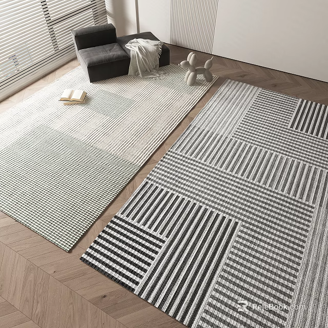 Modern Square Rugs With Geometric Striped Checkered Pattern For Neutral Living Room Decor 3d model 