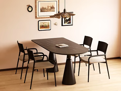 Modern Dining Table Set With Four Chairs Pendant Light And Wall Art Decor 3d model