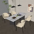 Modern Rectangular Dining Table Set With Marble Top Beige Metal Leg Chairs And Pendant Lights 3d model