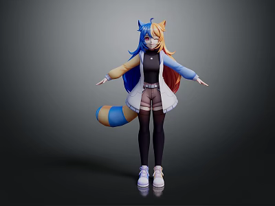 Anime Character With Feline Creature Features Blue Yellow Gradient Hair Long Coat Shorts Stockings Sneakers 3d model