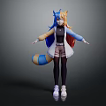 Anime Character With Feline Creature Features Blue Yellow Gradient Hair Long Coat Shorts Stockings Sneakers