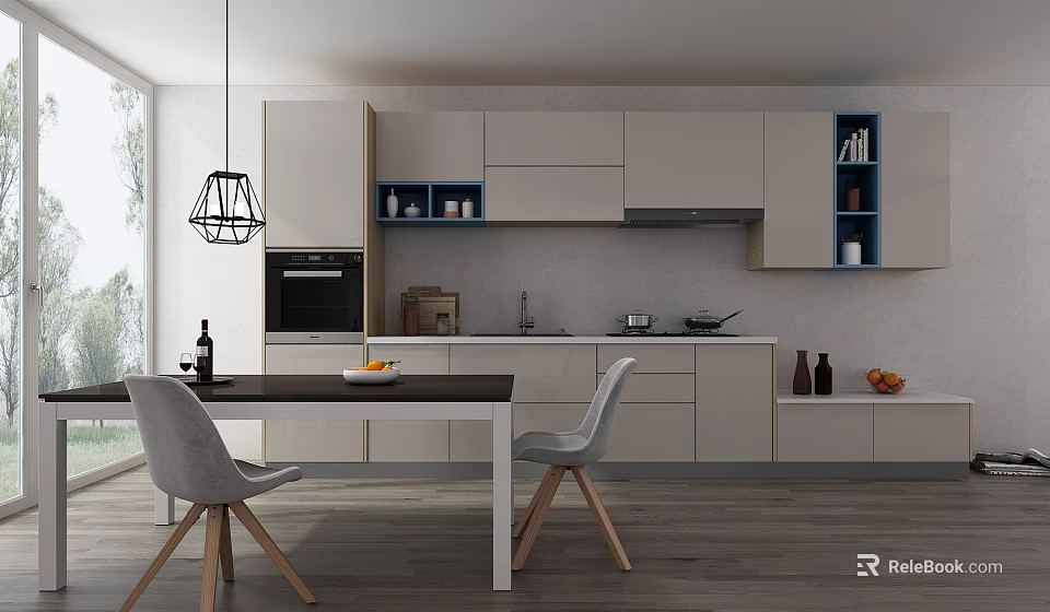 Modern Kitchen Interior with White Cabinets Dining Table Chairs Pendant Light and Appliances 3d model