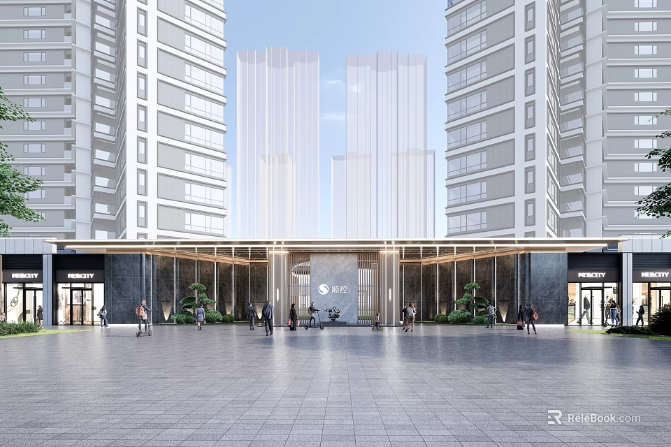 Modern Building Entrance Facade With Tall Buildings Open Plaza Glass Curtain And Green Plants 3d model 