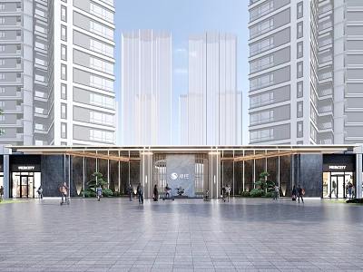 Modern Building Entrance Facade With Tall Buildings Open Plaza Glass Curtain And Green Plants 3d model