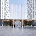 Modern Building Entrance Facade With Tall Buildings Open Plaza Glass Curtain And Green Plants