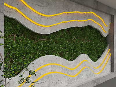 Concrete Background Wall With Yellow Curved Light Strips And Green Plant Wall 3d model