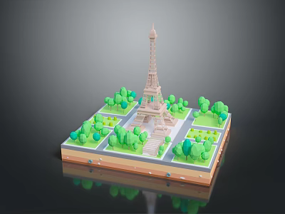 Eiffel Tower Architecture with Square Platform and Lush Green Trees 3d model