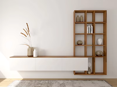 Minimalist TV Wall with Wooden Open Shelves White Cabinets Decorative Items and Potted Plant 3d model