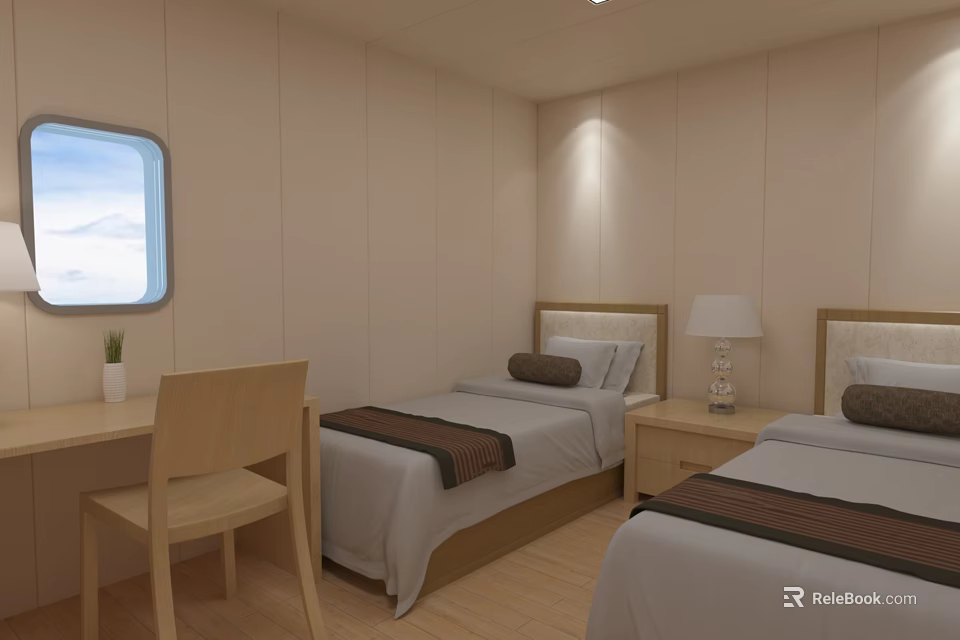 Hotel Room With Twin Beds Desk Chair And Window Sky View Light Beige Walls 3d model 