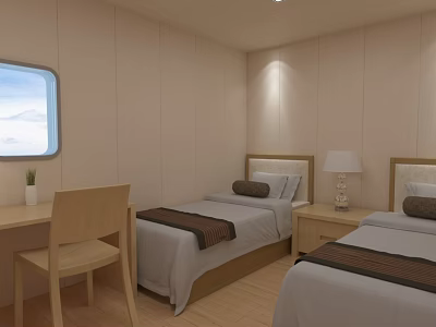 Hotel Room With Twin Beds Desk Chair And Window Sky View Light Beige Walls 3d model