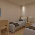 Hotel Room With Twin Beds Desk Chair And Window Sky View Light Beige Walls
