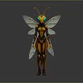 Insect Like Female Character With Orange Black Exoskeleton Costume Green Eyes And Wings