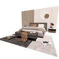 Background Double Bed with Bedside Tables Round Mirror and Gray Rug in Modern Bedroom