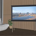 TV Displaying City River View In Room With Wooden Wall White Sofa And Green Plant