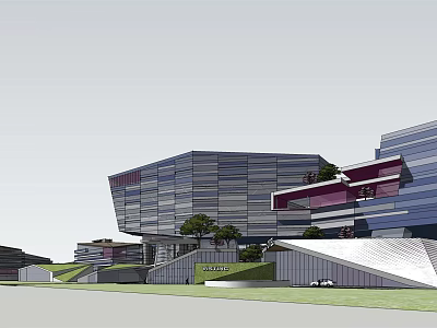 Modern Architectural Complex with Glass Curtain Walls Geometric Shapes Lawn and Steps 3d model