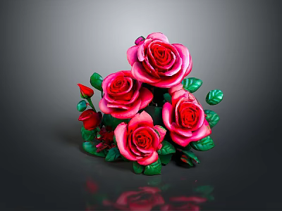 Vibrant Pink and Red Roses With Fresh Green Leaves in Beautiful Bouquet on Dark Background 3d model