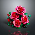 Vibrant Pink and Red Roses With Fresh Green Leaves in Beautiful Bouquet on Dark Background