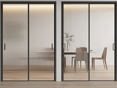 Modern Black Framed Sliding Doors with Ribbed and Clear Glass in Dining Interior 3d model