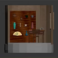 Traditional Chinese Display Scene With Wooden Cabinet Vases Tea Sets And Small Table