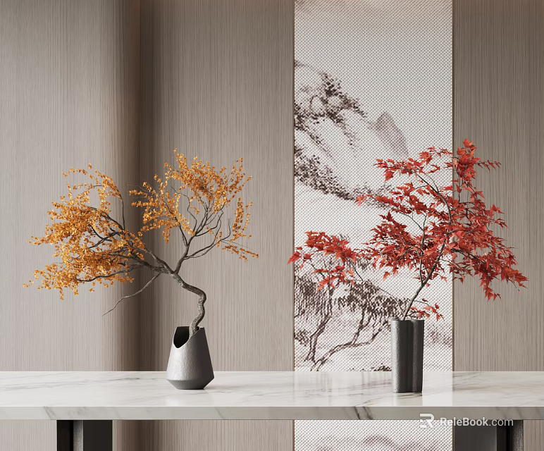 Elegant Vase with Yellow and Red Floral Branches on Marble Table and Landscape Screen 3d model 