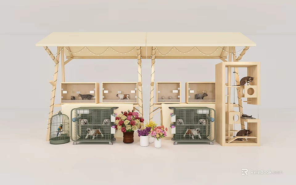 Pet Display Stand With Cages Flower Bouquets And Shelf Supplies 3d model 