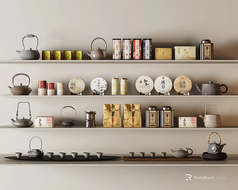 Elegant Tea Sets Display With Teapots Cups Tea Cakes And Canisters On Shelves 3d model 