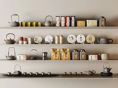 Elegant Tea Sets Display With Teapots Cups Tea Cakes And Canisters On Shelves 3d model