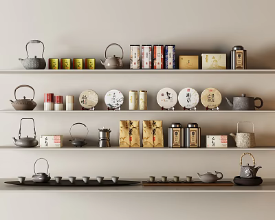Elegant Tea Sets Display With Teapots Cups Tea Cakes And Canisters On Shelves 3d model
