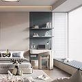 Modern Kids Room Interior Design With Bed Bookshelves Toys Rug And Astronaut Artwork