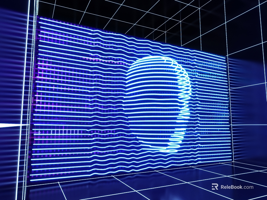 Blue Digital Art With Glowing Lines Grid Background And Abstract Head 3d model 
