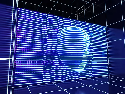Blue Digital Art With Glowing Lines Grid Background And Abstract Head 3d model